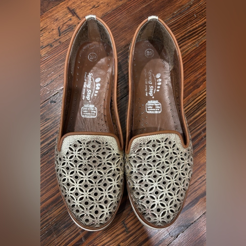 Spring Step Latiste Tulisa Gold Metallic Leather Loafer Flat Sz 39 Handmade